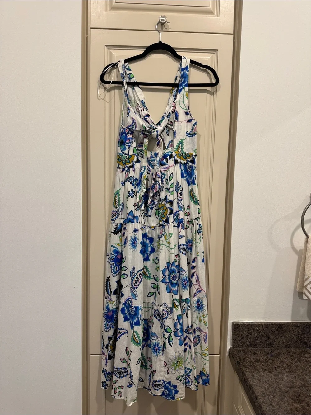 White Floral Maxi Dress with Blue Flower Print - Picture 2 of 2